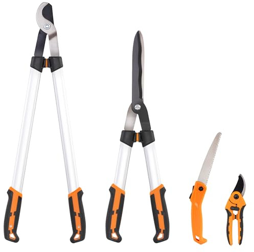 Outsunny Set da Giardinaggio 4 Pezzi con Cesoie, Troncarami, Forbici da Potatura e Seghetto Pieghevole, Strumenti Resistenti con Lame Affilate e Manico in Alluminio Morbido