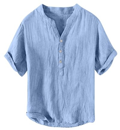 Camisa de lino para hombre, manga corta, verano, cuello en V, bolsillos, camiseta Henley, transpirable, talla grande, camiseta deportiva con cuello Henley, informal, holgada, camisa de trabajo