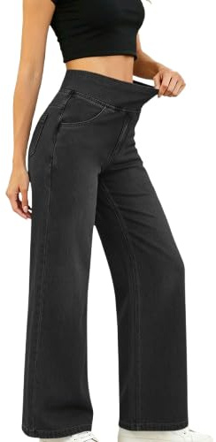 Women's Wide Leg Jeans Elastic Waist Pull On Denim Pants High Waisted Stretchy Loose Fit Tummy Control Jeans