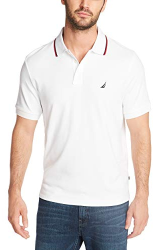 Nautica Men's Classic Fit Short Sleeve Dual Tipped Collar Polo Shirt Shirt, -Bright White, Large