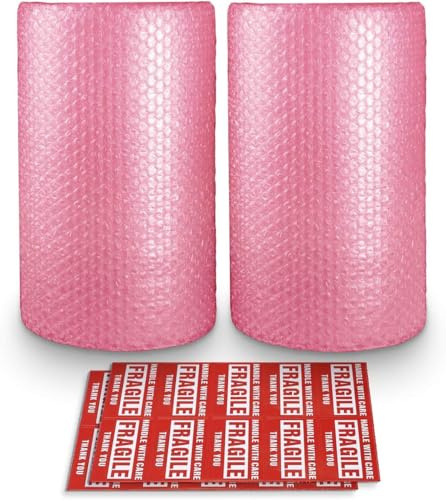 Pacific Mailer 2-Pack Anti-Static Bubble Cushioning Wrap Rolls, 3/16 x 12 x 72' ft Total, Perforated Every 12, 20 Fragile Stickers for Packaging, Shipping, Mailing