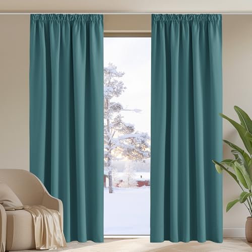 PONY DANCE Thermal Curtains Pencil Pleat - Large Width Blackout Curtains 90 Inch Drop Room Darkening Noise Reduction Drapes for French Windows in the Hotel, W90 X L90, 2 Panels, Sea Teal