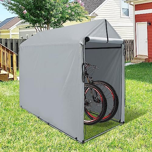 Raysfung Cobertizo de almacenamiento al aire libre de 6 x 3 pies, refugio de almacenamiento portátil resistente con puerta enrollable con cremallera para bicicleta, cortacésped, almacenamiento de