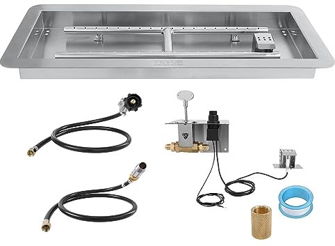 VEVOR Cuenco de Fuego de 609,6x203,2 mm Kit de Quemador Rectangular de Acero Inoxidable Brasero de Jardín a Gas Estufa de Gas Natural y Propano de 125.000 BTU con Quemador H para Uso Interior Exterior