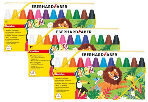 Eberhard Faber 524010 - Colori Wachsmalkreiden in 12 Farben, dreiflächige, wasserfeste Wachsmaler mit weichem, intensiven Farbabstrich, Kreide-Stifte für kreativen Mal-Spaß (Packung mit 3)