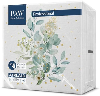 PAW - Airlaid Cloth-Like Napkins (40 x 40 cm) | 50 Pieces | Ideal for Wedding, Christening, Communion, Birthday | Linen Feel Elegant Napkins | Color: Eucalyptus Bouquet