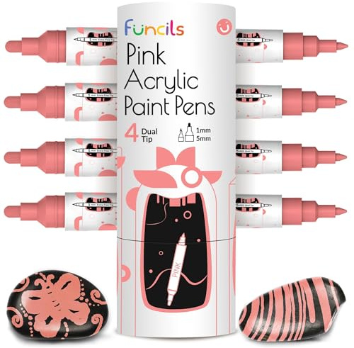 Funcils 4 Dual Tip Rosa Metallic Acrylmarker - Feine & Mittlere Spitzen - Rosa Stifte für Metall, Holz, Leinwand, Stein, Keramik, Glas, Stoff, Kunststoff - Wasserbasierte, Schnelltrocknende Tinte