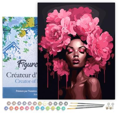 Figured'Art Peinture par Numéro Adulte avec Cadre Femme aux cheveux de pivoines - Activité Manuelle Kit de Loisir Créatif DIY Numéro d'Art Complet - 40x50cm toile tendue sur châssis