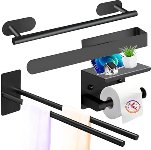 Toallero Adhesivo 40 Cm Negro Acero Inoxidable 304 Sin Taladro Ahorra Espacio para baños pequenos Barra para Toallas Resistente Antioxido Impermeable instalacion rapida en Azulejos Vidrio Metal