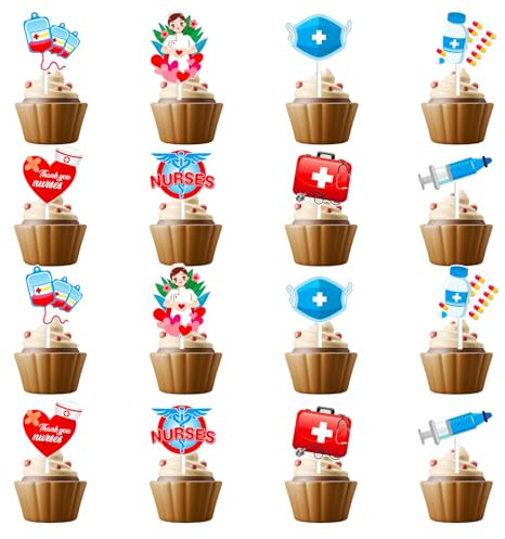32 pcs Toppers pour Cupcake Infirmière, Décorations pour Cupcakes Nurse, Médicales Cake Topper, Décorations de Gâteau de Graduation D'Infirmière pour les Décorations de Fête