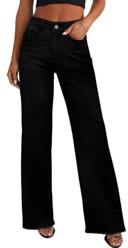 Sidefeel Women's High Waisted Baggy Jeans Stretchy Raw Hem Straight Leg Zimbaplatinum Denim Pants Size 14 Solid Black