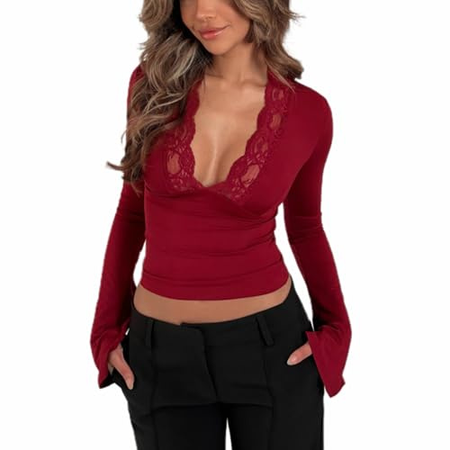 T-Shirt Col V en Dentelle Femme Top Moulant Sexy à Manches Longues Haut Basique Décontracté Chemisier Chic et Elgégant Blouse Couleur Unie (Rouge, S)