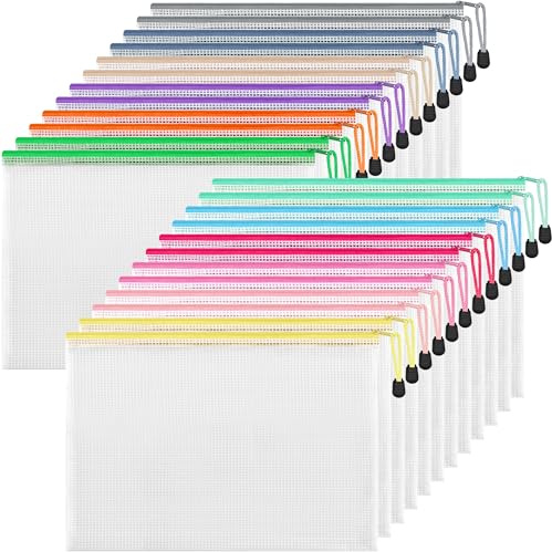 HEETA Plastic Wallets A4,24 Pack Strong Plastic Zip Bags Waterproof A4 Zip Wallets with Secure Zippers for Office School Home Travel Storage, 12 Colors
