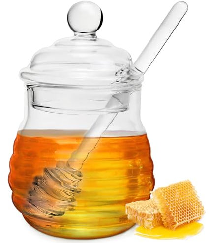 WPPQWP Dispensador de miel de 300 ml, tarro de miel con cuchara de miel, olla de miel sellada, tarro de miel de cristal para jarabe, colmena, almacenamiento de cocina