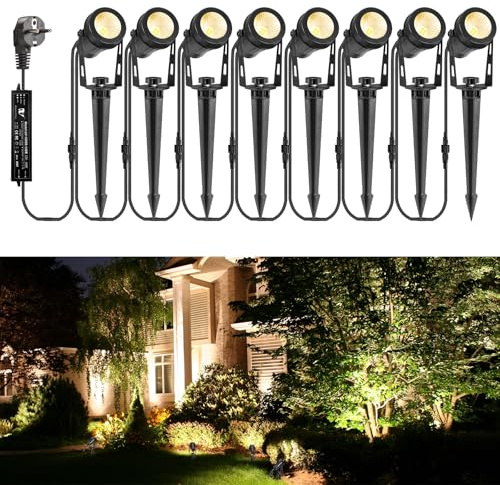 ECOWHO Gartenstrahler LED 12V 3W Gartenleuchte mit Erdspieß und Stecker IP65 Wasserdicht Gartenbeleuchtung Gartenspots mit Kabel für Außen Garten Rasen (Warmweiß 8er-Pack)