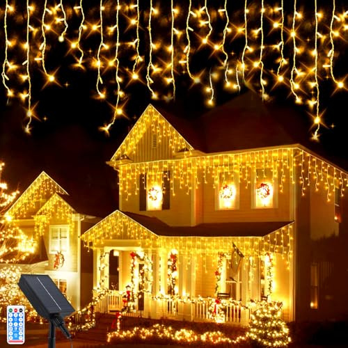 GHONLZIN Guirnaldas Luces Exterior Solar, 8M 288 LEDs Impermeable Luces de Carámbano Solares con 8 Modos de Control Remoto, Función de Memoria, Hada de Decoración para Navidad, Fiesta, Boda, Patio
