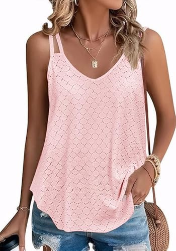 Sukiglam Camiseta sin Mangas Mujer Verano Doble Tirantes Camisetas Holgado Transpirable Malla Chalecos Top Sexy con Cuello en V Elegante Blusa sin Espalda Casual Vacaciones Tank Top Elástica