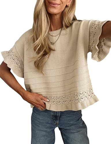 Yeokou Womens Short Sleeve Sweater Round Neck Ruffled Hem Knit Crochet Pullover Summer Fall Casual Top Blouse(Khaki-S)
