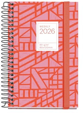 Miquelrius - Veckovisningskalender 2026, liten och bärbar (80 x 120 mm), veckoplanering, hårt kartongomslag, spiral, elastisk gummiförslutning, papper 80 g/m², CAT-EN-PT, Baden