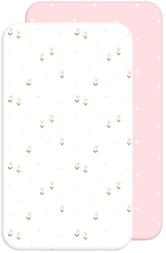 Lovely Hippo 2 lenzuoli con angoli, 80 x 160 cm, 100% cotone, 2 lenzuoli, senza sostanze chimiche nocive (fiori rosa, 80 x 160 cm)