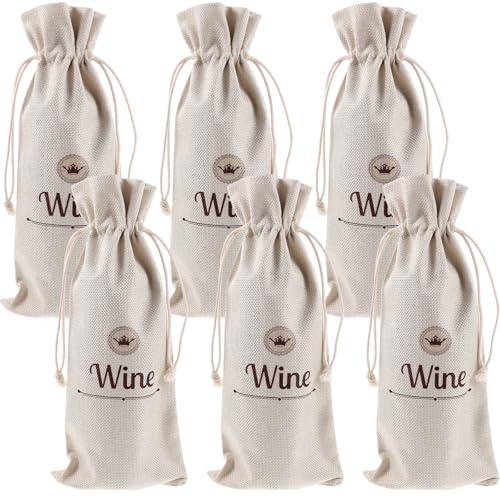 ERINGOGO Sacchetti Regalo per Bottiglie di Vino in Lino Cotone Beige 6 Pezzi, Robusti e Leggeri Stampa Inglese Semplice per Confezioni Regalo Eleganti