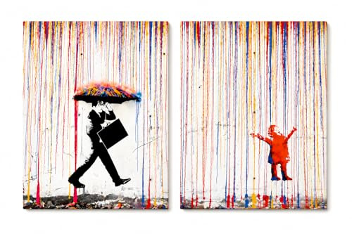 Genérico Banksy diseño Lluvia de Colores – Lienzo Díptico 40x25 cm | Cuadro Decorativo en 2 Piezas sobre Lienzo de Algodón y Bastidor de Madera | Arte Urbano para Salón, Entrada u Oficina