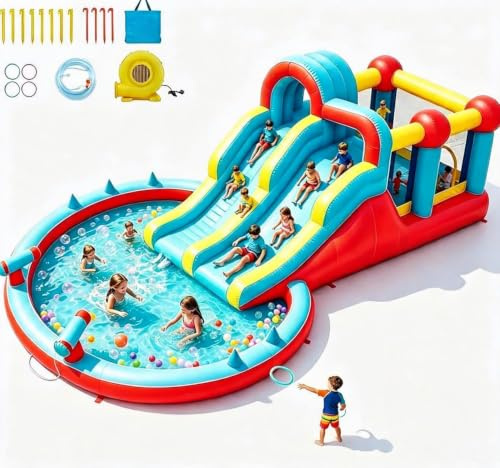 Gran Castillo Hinchable con soplador, Castillo Hinchable con tobogán de Agua, XXL con soplador, Salto al Aire Libre, Piscina saltadora, tobogán al Aire Libre, Castillo de Rebote para niños para