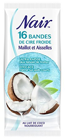 NAIR - Strisce di cera fredda maglia e ascelle con estratto di latte di cocco, 97% di origine naturale, sacchetto nomade, 16 strisce + 2 salviettine finitura delicata