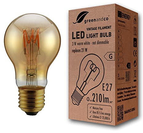 greenandco Bombilla de filamento LED Vintage E27 3W (corresponde a 21W) 210lm 2000K (blanco cálido) 360° 230V vidrio, sin parpadeo, no regulable