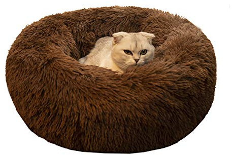 BODISEINT Modern Soft Plush Round Pet Bed for Cats or Small Dogs, Mini Medium Sized Dog Cat Bed Self Warming Autumn Winter Indoor Snooze Sleeping Cozy Kitty Teddy Kennel (24'' D x 8'' H, Chocolate)
