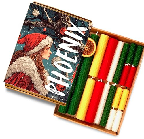 Yule | Confezione da 18 candele da altare in cera d'api | Guida Yule A4 | Ruota dell'anno | Senza profumo, arrotolate a mano | Tempo di combustione da 35 a 160 minuti | (solo le candele)