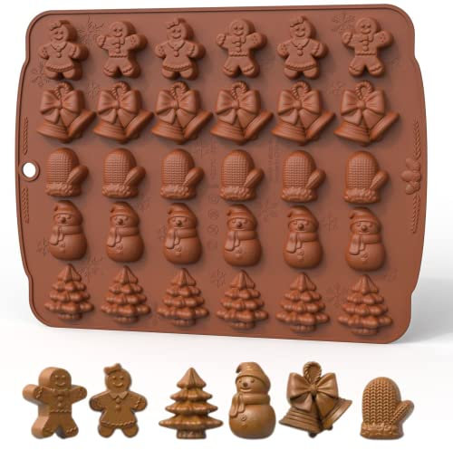 Weihnachts-Silikonform, 1 Packung mit 30 Mulden, Weihnachtsschokoladenform, Süßigkeitenform, Lebkuchenmann und Mädchen, Baum, Schneemann, Glocke und Handschuh-Form für Schokolade, Süßigkeiten, Gelee,