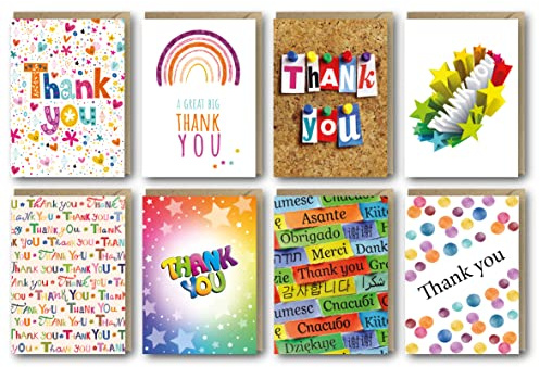 Thank You Cards Multipack of 32. Each Greeting Cards Pack includes 8 Colourful designs. 105 x 148mm. Blank Inside. Envelopes included. Made in UK.