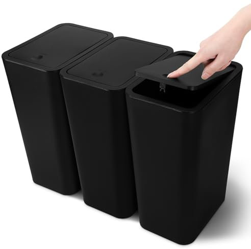 JOTOM 3er Set Mini Mülleimer Badezimmer mit Pop-Up Deckel, 10L moderner Abfalleimer Papierkorb Trash Bin, Abfallkorb Geeignet für Wohnzimmer, Schlafzimmer, Küche, WC, Büro (Schwarz)