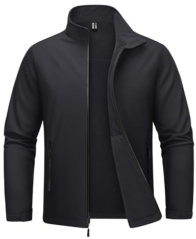 MAGCOMSEN Mens Lightweight Softshell jacket Fleece Lined Waterproof Jackets Rain Winter Coats Hiking Work Windbreaker Black L
