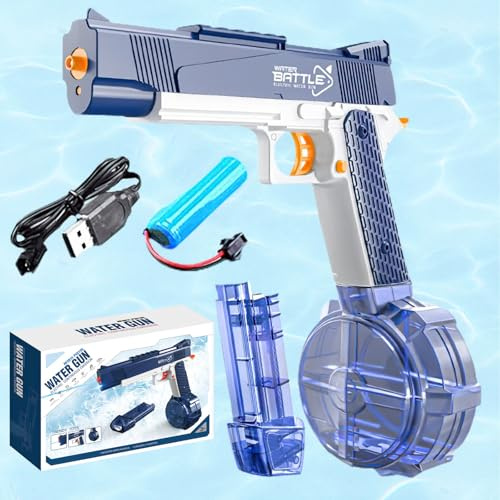 ZZQVIP Pistola de Agua para Niños Y Adultos, Capacidad de 434CC + 58CC, 32 FT, Pistola De Agua Eléctrica con Luz LED y Batería Recargable USB, para Fiestas de Verano, Piscina, Jardín y Playa (Azul)