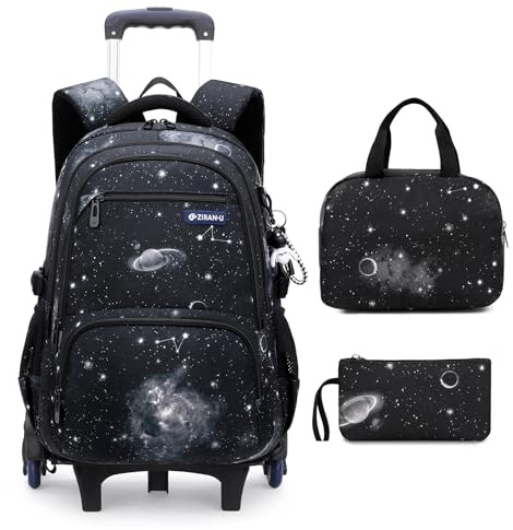 Amythe Zaino Trolley Set da 3 pezzi per Ragazzi, Zaini Scuola Elementare Media Superiore con Borsa Pranzo Borsa per Penna, Zainetto Bambini con Ruote Valigie, 32x19x48cm, Nero
