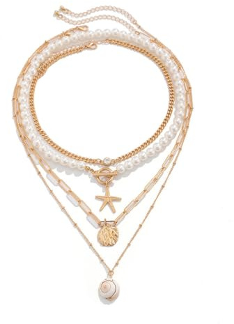 Danshinbow strand lager guld pärla choker hänge snäcka halsband snäcka sjöstjärna stam halsband justerbara smycken för kvinnor, Pärla