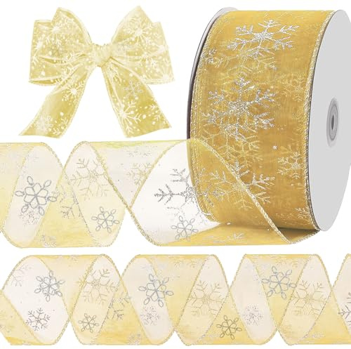 AWAVM Nastro in organza glitterato per albero di Natale, 6,3 cm x 9,3 m, con bobina, nastro metallico per decorazioni, confezioni regalo, artigianato, feste (oro)
