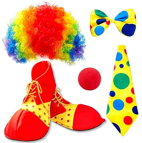 5 Piezas Accesorios Disfraz Payaso Contiene Pelucas Payaso, Zapatos de Payaso, Corbata de Payaso, Pajarita de Payaso, Clown Nose Roja, para Niños Adultos Halloween Cosplay Carnaval Disfraz Accesorios