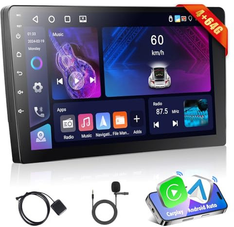 Podofo [4+64G] Autoradio 2 DIN, schermo Android 13 da 9 con cavo A-pple Carplay/touchscreen Android Auto con supporto ricevitore radio GPS/Bluetooth/SWC/FM/RDS/WiFi/USB