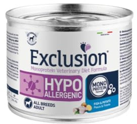 Exclusion Hypoallergenic all breeds per cani adulti di tutte le taglie, gusto PESCE e PATATE, ipoallergenico | 6 scatolette da 200 grammi l'una.