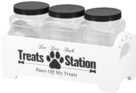 Sutowe - Contenedor de comida para perros con 3 frascos para golosinas de plástico, caja de alimentos para mascotas de madera linda, contenedor de croquetas para perros para gatos, pequeño animal
