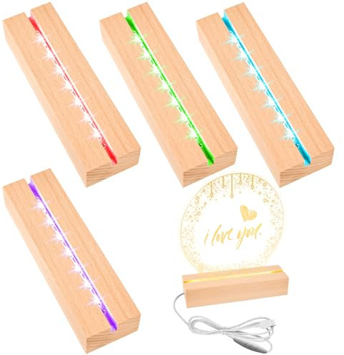 BAIFULAI 4 pezzi attacco LED, 15 cm, base in legno, 7 colori, base luminosa, base luminosa con interruttore USB, colore regolabile, base per display per blocco di vetro, cristalli, vetro, resina