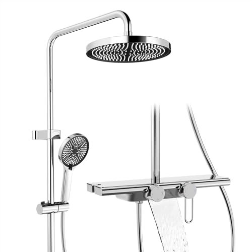 HOMELODY Duschsystem mit Armatur und Glasablage Chrom - Duscharmatur Komplettset mit 5 Strahlarten Handbrause,Regendusche und Unterer Auslauf - Duschset für Heimische Badezimmer