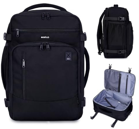 ECOHUB Zaino Ryanair 40x20x25 Bagaglio a Mano 40x20x25 Ryanair Zaino da Viaggio Valigia Bagaglio a Mano Borsa da Viaggio Borsa tote ecologica in PET riciclato da 20 litri,Brevettato, Nero
