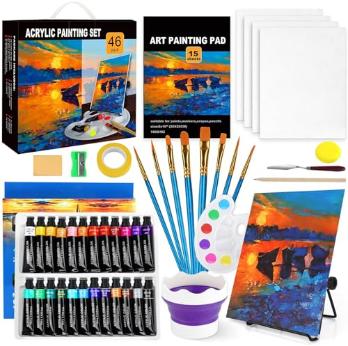 ZUSUZU Acrylfarben Set, Malset mit 24 Farben Acrylfarbe, 4 Leinwand, 1 Klappbare Staffelei, Acrylic Paint Set, Malset für Erwachsene,Künstler,Anfänger