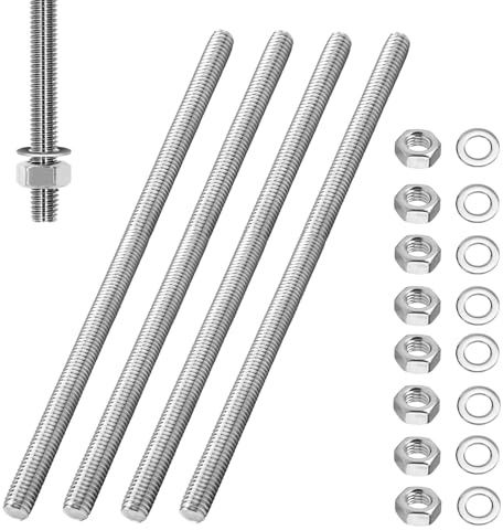 Molirex 4 stycken gängstänger M10 x 200 mm med 8 sexkantsmuttrar och 8 brickor, gängstänger i rostfritt stål, gängstänger för möbelkonstruktion, maskinmontering
