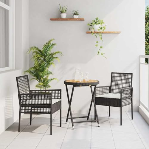 Tonture Lot de 3 meubles de bistro de jardin en polyrotin noir pour balcon, terrasse, résistant aux intempéries, durable, ensemble de salle à manger d'extérieur avec coussins, siège élégant pour