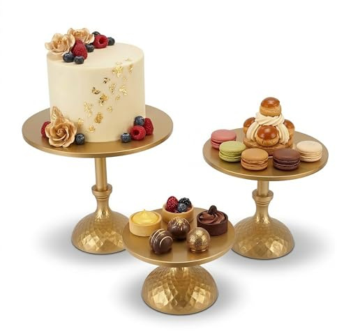 WAHEWUD 3 Piezas Juego de soporte para tartas de oro, soporte para cupcakes, hierro con base redonda elevada sin herramientas, platos de pastelería para mesa de postres de boda